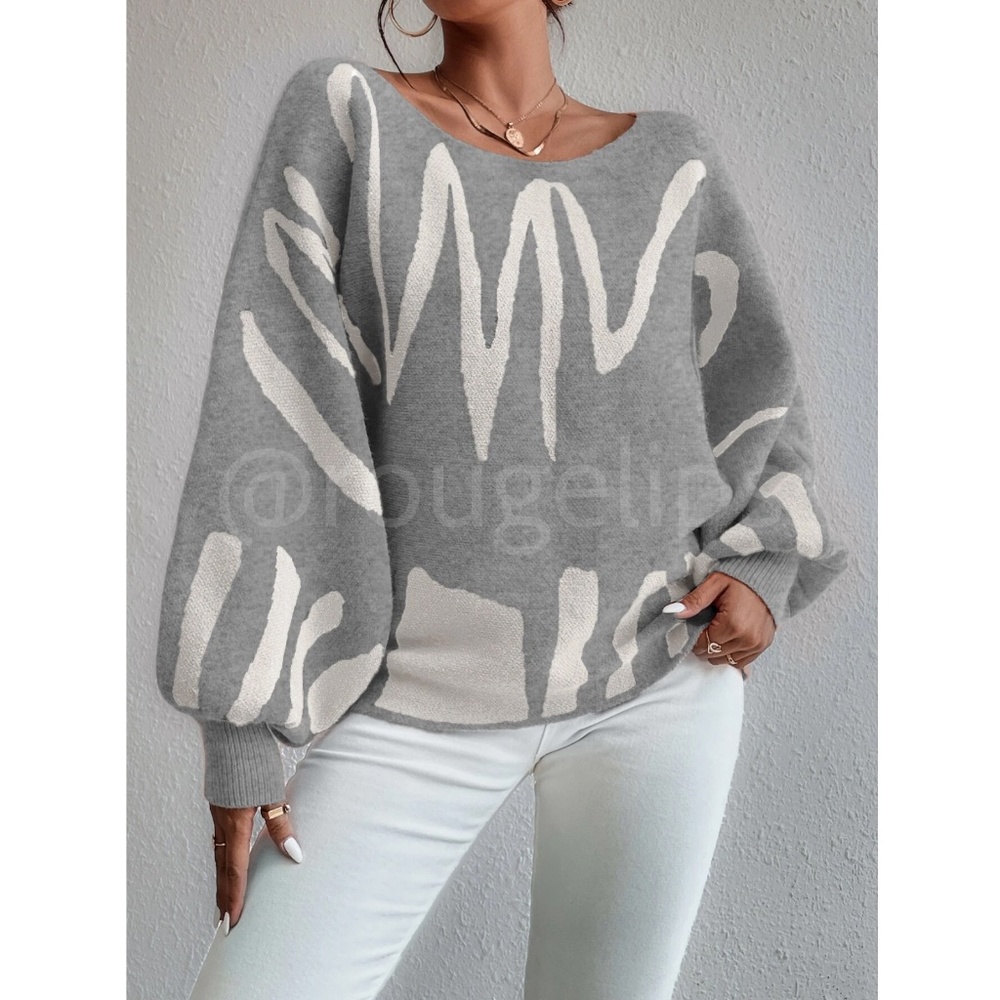 Knit Graphic Pullover Sweater Off White Grey Bishop Sleeve - Picture 3 of 10